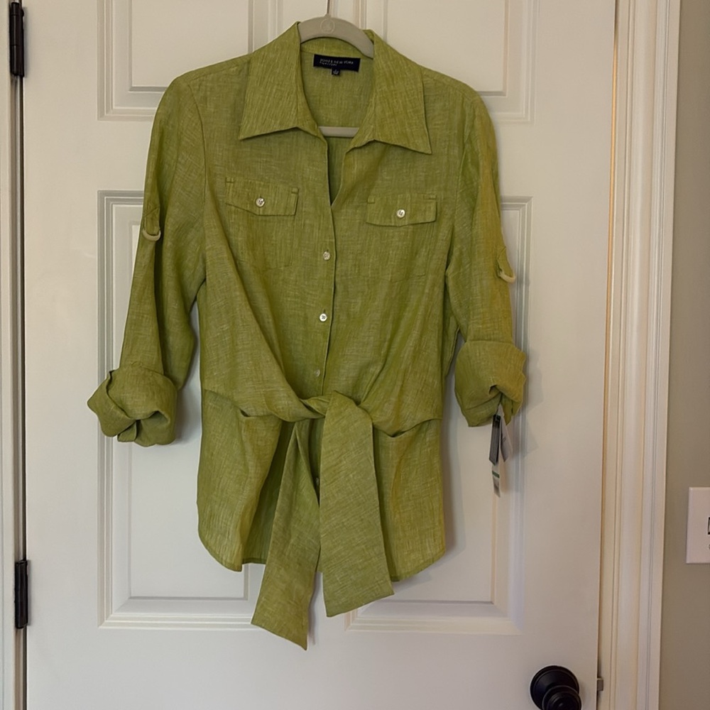 NWT Jones New York Signature 100% Linen Button Down Top Shirt Front Tie Large